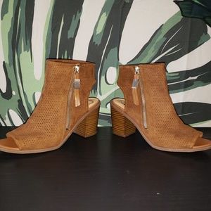 Brown open toe booties